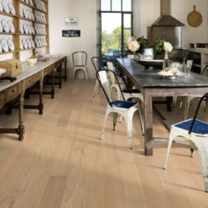 Kitchen shot with light beige flooring