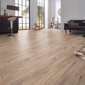 Living room with Kronotex Mammut Everest Oak Beige flooring