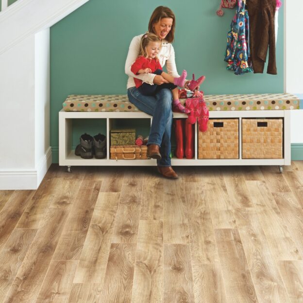 Woman and child in entryway featuring Barn Oak ELT216AP flooring