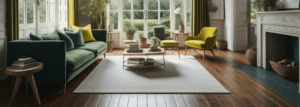 Green living room with dark wooden flooring