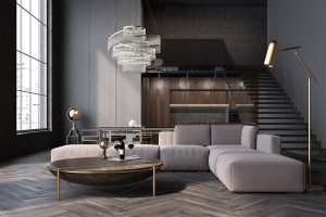 White living room interior with a wooden floor a round table with a sofa near it and stairs.