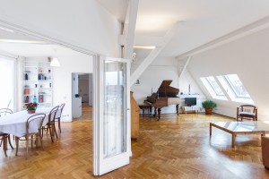 beautiful home interior - living room and dining area in attic apartment