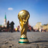 April 16, 2018 Moscow. Russia Trophy of the FIFA World Cup and official ball of FIFA World Cup 2018 Adidas Telstar 18 on the Red Square in Moscow.