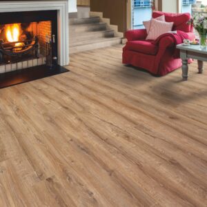 Living room with a fireplace, with ELV224AP Country Oak flooring