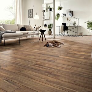 Kronotex amazon laminate flooring in a living room with a dog