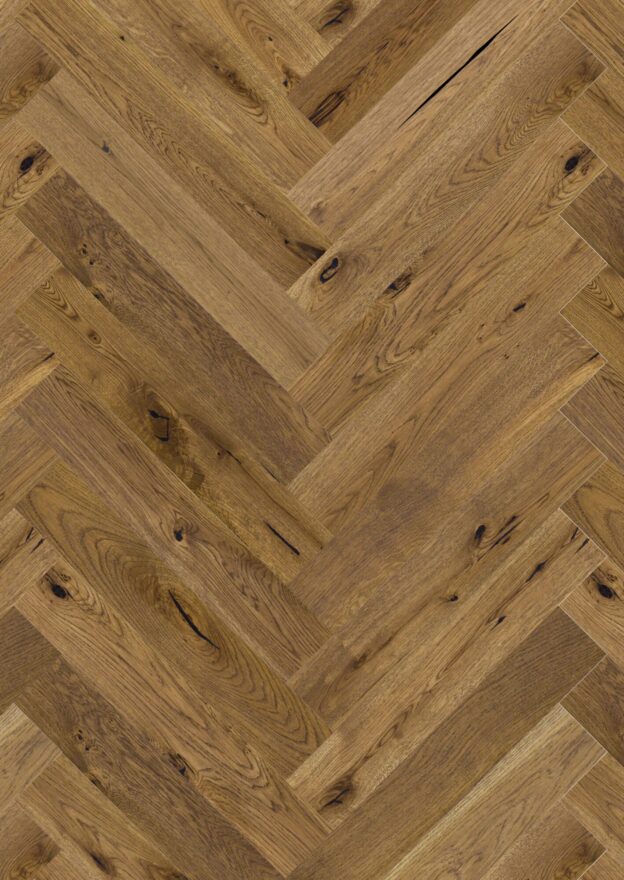 Overhead view of Herringbone brown oak 'smoked effect' flooring by Matt Lacquer