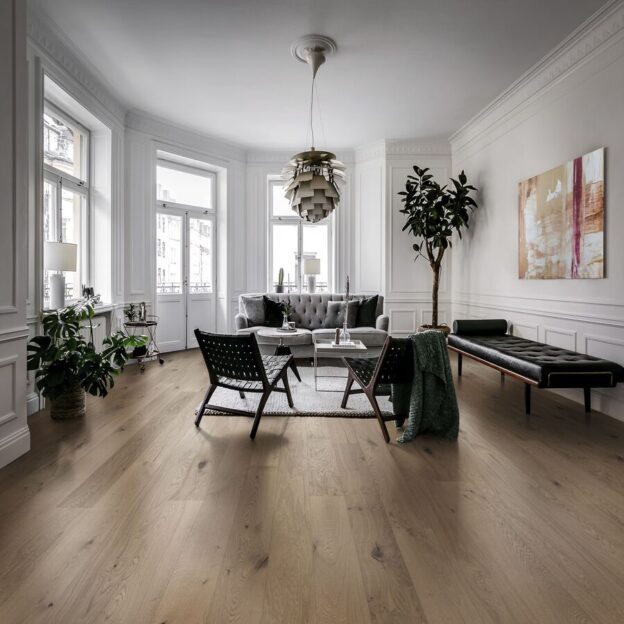 Kahrs Oak Frozen Hazelnut Plank in a modern living space.