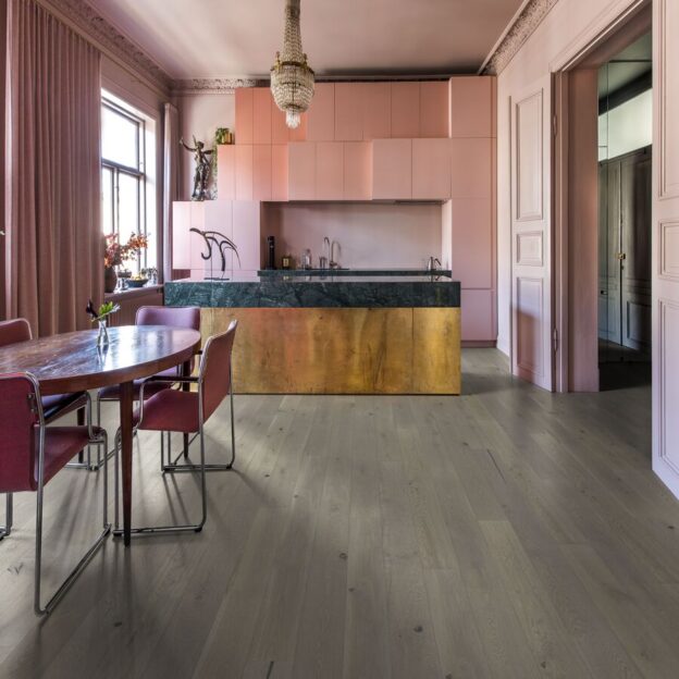 Kahrs Pearl Grey Plank in a kitchen.
