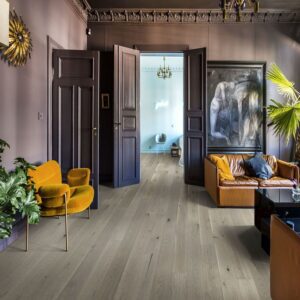 Kahrs Pearl Grey Plank in a retro room.