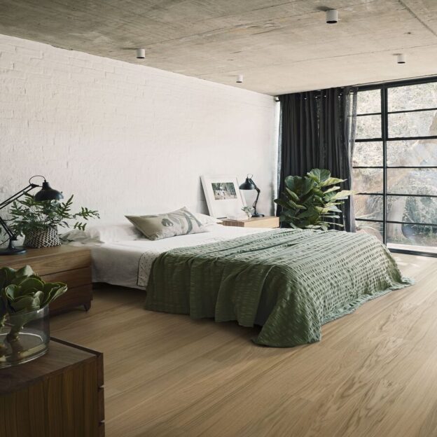 Pure Oak Wide flooring in a bedroom.