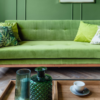 Green Interior Design in living room with herringbone flooring
