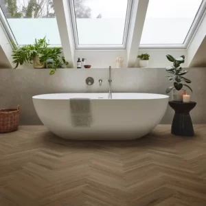 Bathroom with wood Duxbury Acacia flooring.