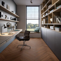 An office space with invictus Bella Noce Parquet - Walnut flooring