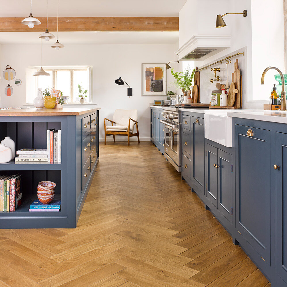 Living room with Victoria Wood herringbone flooring