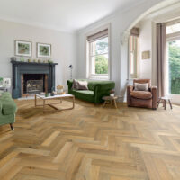 Living room with Victoria Wood herringbone flooring