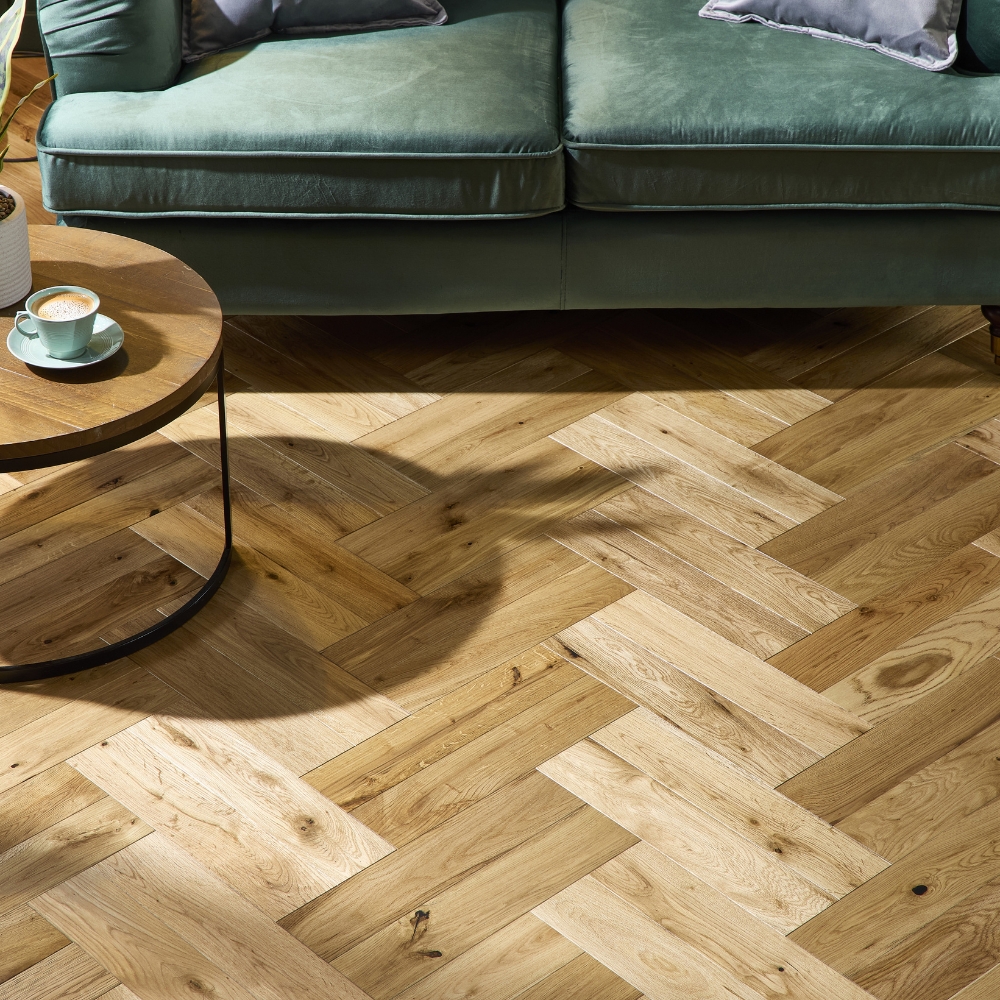 Living room with Matt herringbone flooring by Abingdon flooring