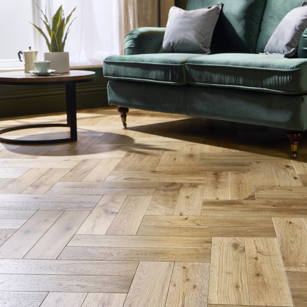 Living room with Matt herringbone flooring by Abingdon flooring