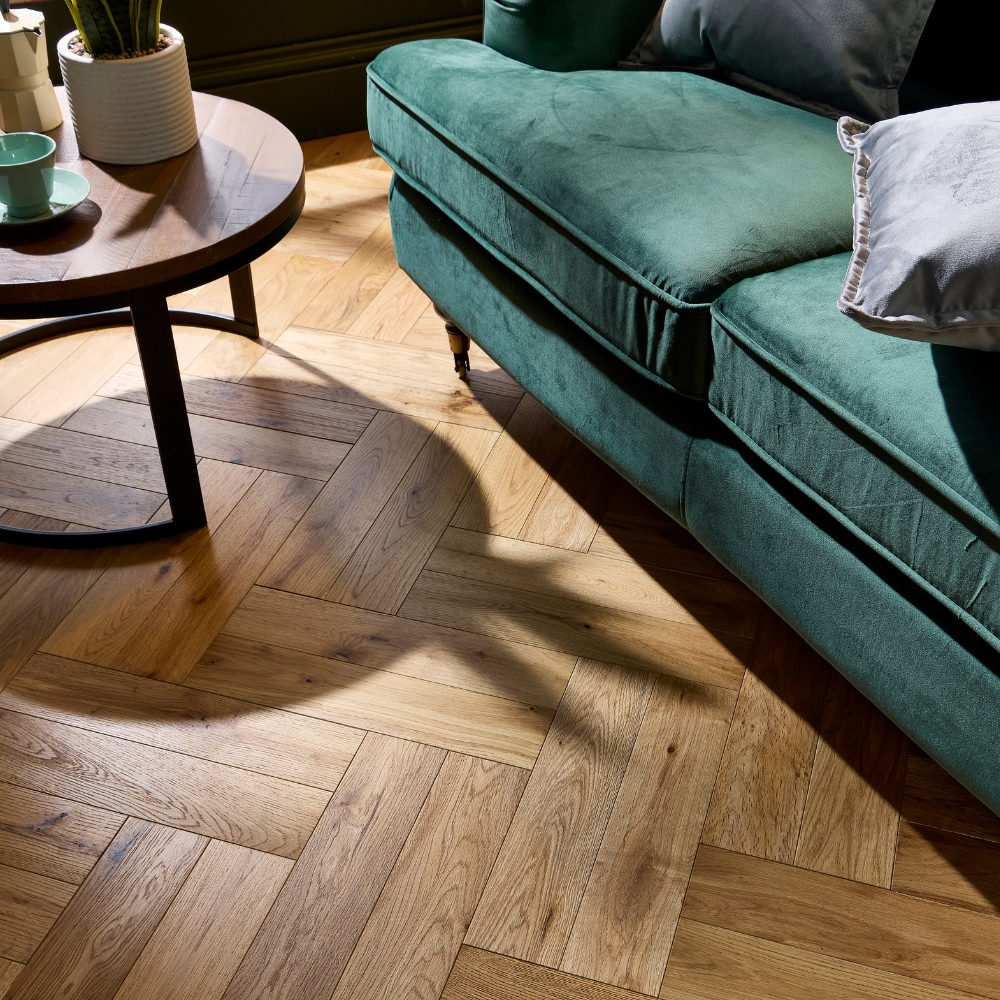 Living room with Matt herringbone flooring by Abingdon flooring